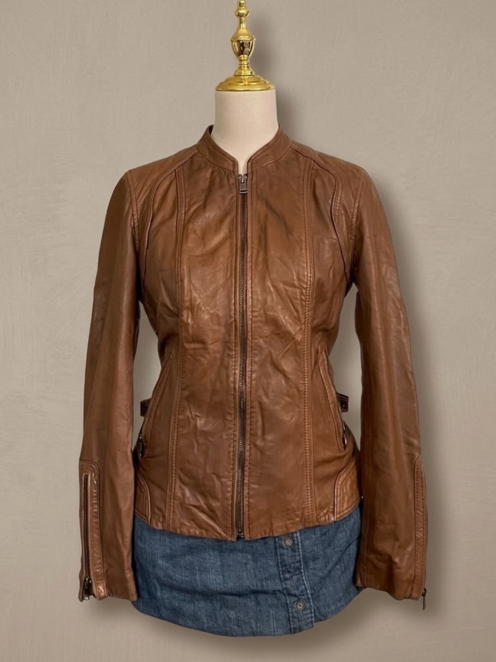 LAMARQUE Genuine Leather Moto Jacket in Cognac Tan - Women's XS